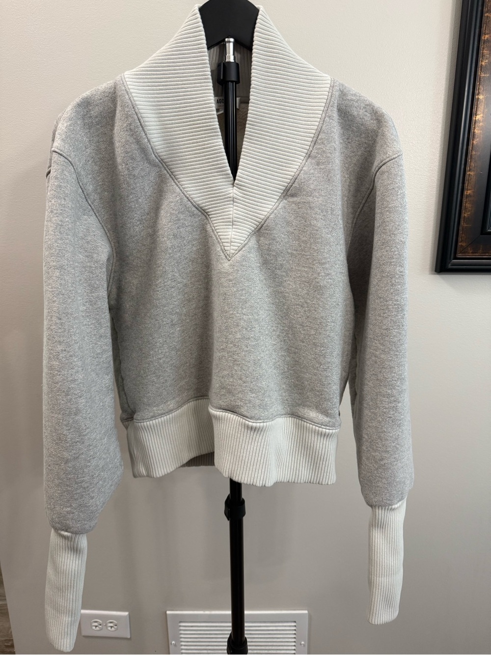 Agolde Light Gray Shawl Collar Pullover Sweatshirt with Cream Rib Trim